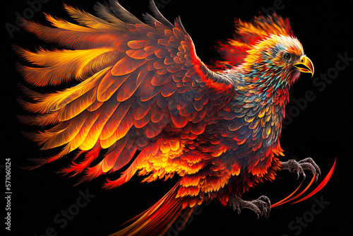 large bird with bright plumage in form of foenix firebird, generative ai photo