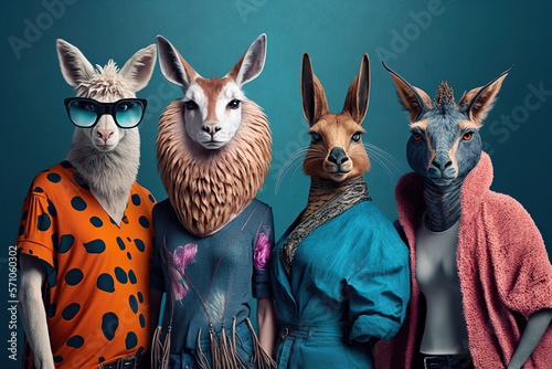Group studio portrait of body-positive animals in the fashionable clothes , concept of Body-Acceptance and Animal Diversity, created with Generative AI technology
