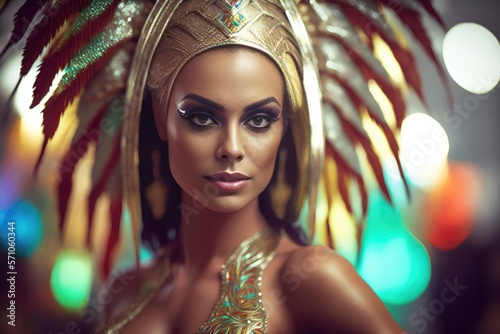 Exotic brazilian young woman dressed for Carnival looking at the camera. Generative AI photo
