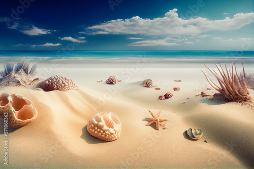 Beach, sea themed banner or header with beautiful shells, corals and starfish on pure white sand - summer concept. Generative AI.2 © Floren Horcajo