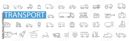 Transport line icons set. Vehicle icons. Transport types. Vector illustration. Transport, vehicle and delivery icons set. Line transport icons