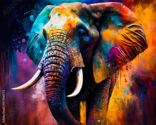 Elephant in multi-colored paints on a colored background. Generative AI.