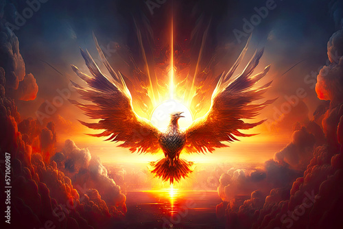 striking image of phoenix firebird rising into sky in rays of setting sun, generative ai photo