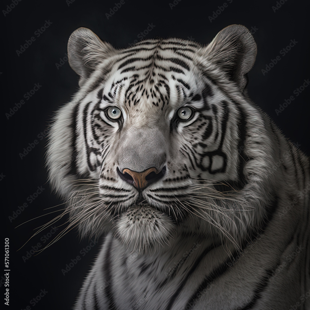 White tiger (P. t. corbetti) isolated on black background. Hunter concept. Stunning tiger in black and white. Generative AI White tiger (P. t. corbetti) isolated on black background. Hunter concept. Stunning tiger in black and white. Generative AI