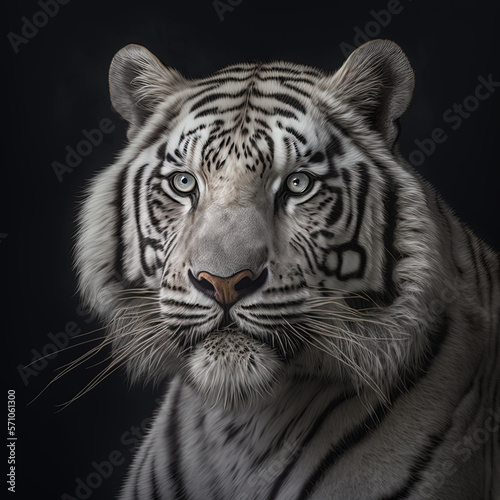White tiger (P. t. corbetti) isolated on black background. Hunter concept. Stunning tiger in black and white. Generative AI