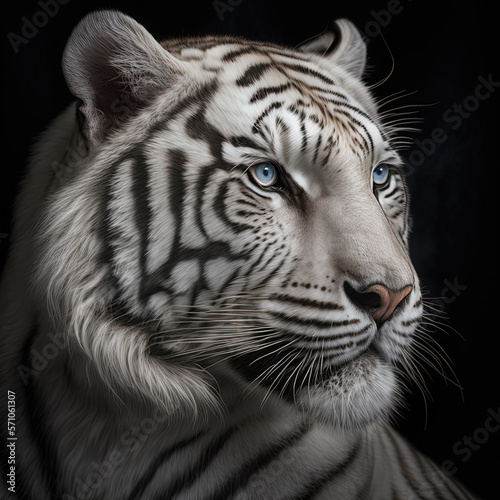 White tiger  P. t. corbetti  isolated on black background. Hunter concept. Stunning tiger in black and white. Generative AI
