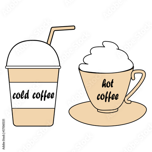 Vector illustration of icons of traditional Greek cold coffee frappe in a paper cup with straw and hot cappuccino in a porcelain cup. Clipart. Drink elements.