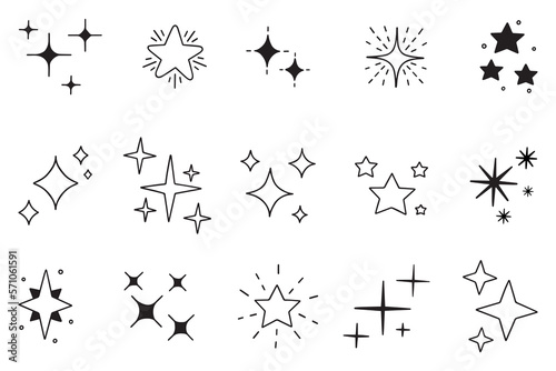 Sparkles and Twinkling stars doodle set. Glitter burst  shining star  falling star  firework  magic sparkle icons. Hand drawn vector illustration isolated on white background.