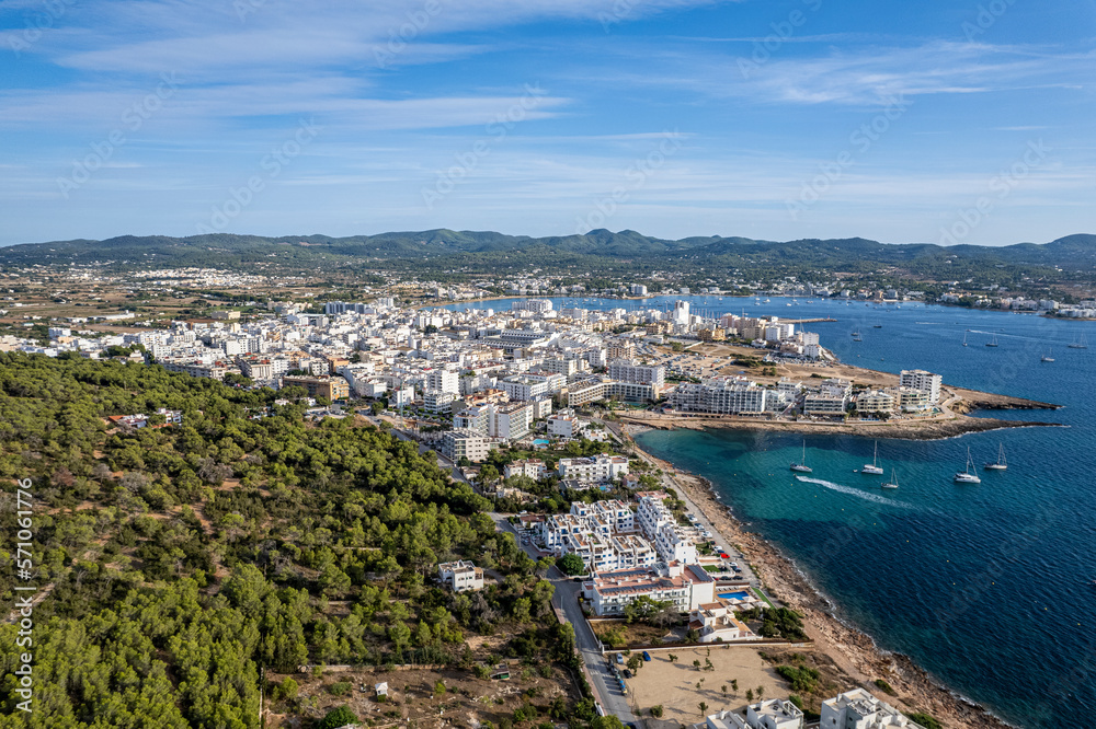 Aerial photographs of San Antonio, in the island of Ibiza during a sunny summer day with blue sky and turquoise water
