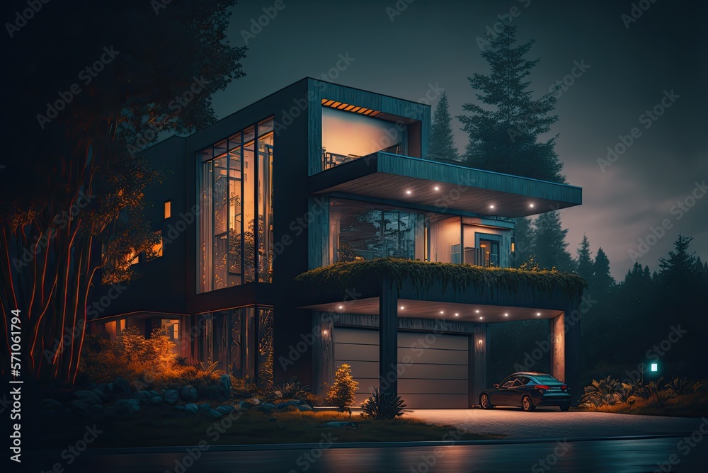 Luxury modern residence building - family villa house with a futuristic ...
