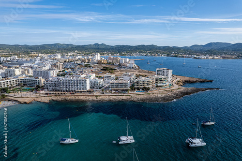 Fototapeta Naklejka Na Ścianę i Meble -  Aerial photographs of San Antonio, in the island of Ibiza during a sunny summer day with blue sky and turquoise water