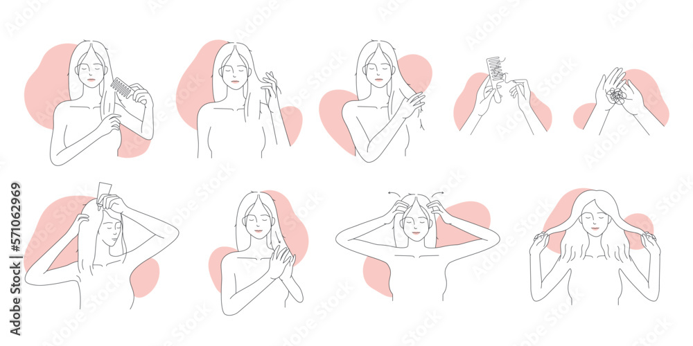 Damaged hair care, thin line infographic icons set vector illustration. Outline female characters comb hair with hairbrush, apply natural haircare treatment product, massage scalp for healthy growth