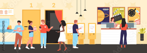 Cinema entrance and ticket check vector illustration. Cartoon people buying movie tickets at self service terminal and popcorn boxes in cafeteria of theater lobby with posters of upcoming films
