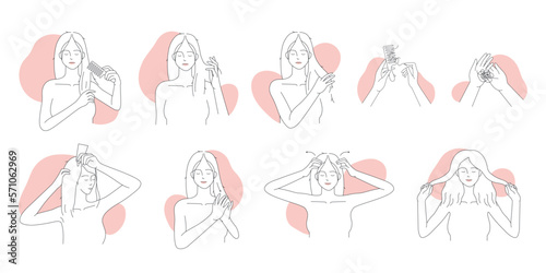 Damaged hair care, thin line infographic icons set vector illustration. Outline female characters comb hair with hairbrush, apply natural haircare treatment product, massage scalp for healthy growth