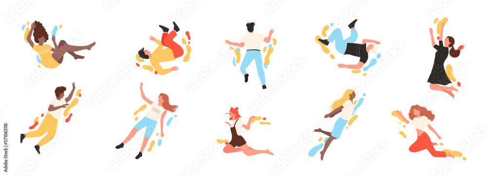 People fly and jump set vector illustration. Cartoon happy young person flying, excited female and male characters floating in sky with energy, creative energetic fantasy falling of woman and man