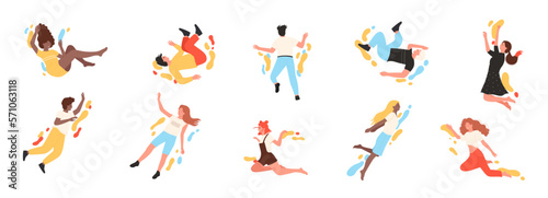 People fly and jump set vector illustration. Cartoon happy young person flying, excited female and male characters floating in sky with energy, creative energetic fantasy falling of woman and man