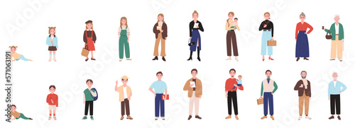Human life cycle set vector illustration. Cartoon male and female characters of different ages, stages of growth and development process from child to teen, adult and old person, family generation