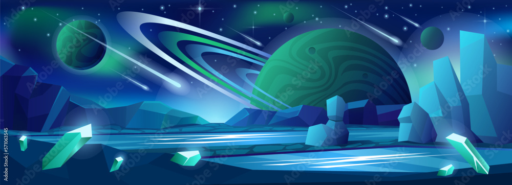 Alien planet in outer space with fantasy landscape vector illustration ...