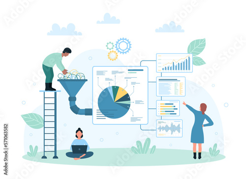 Stock market analytics vector illustration. Cartoon tiny people work on conversion of big data to infographic charts and diagrams in cone funnel with pipeline, marketing analytics and optimization