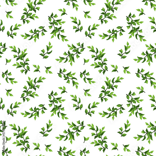 Seamless floral pattern with small green leaves on a white background. Vector floral print