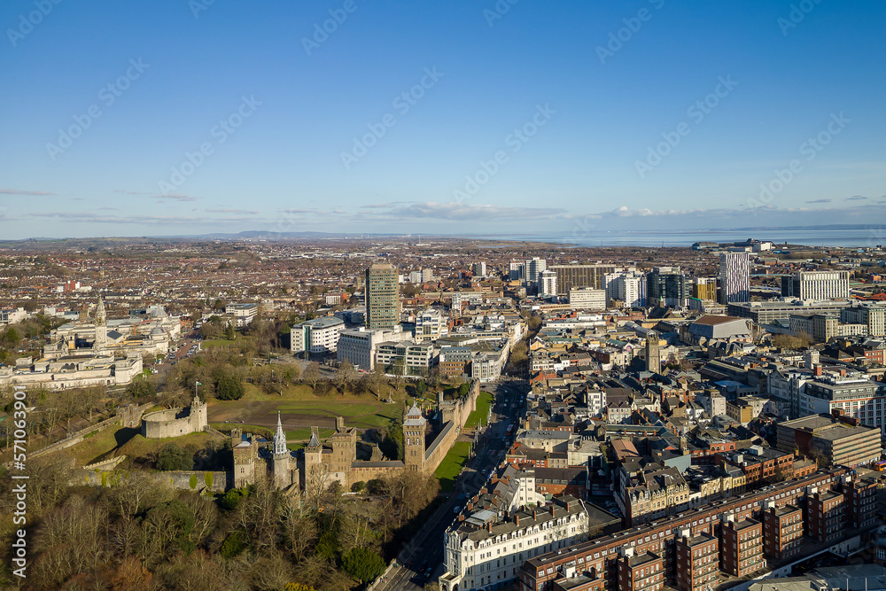 Aerial view of the centre of Cardiff including the castle, city hall and main shopping areas.  Cardiff is the capital city of Wales
