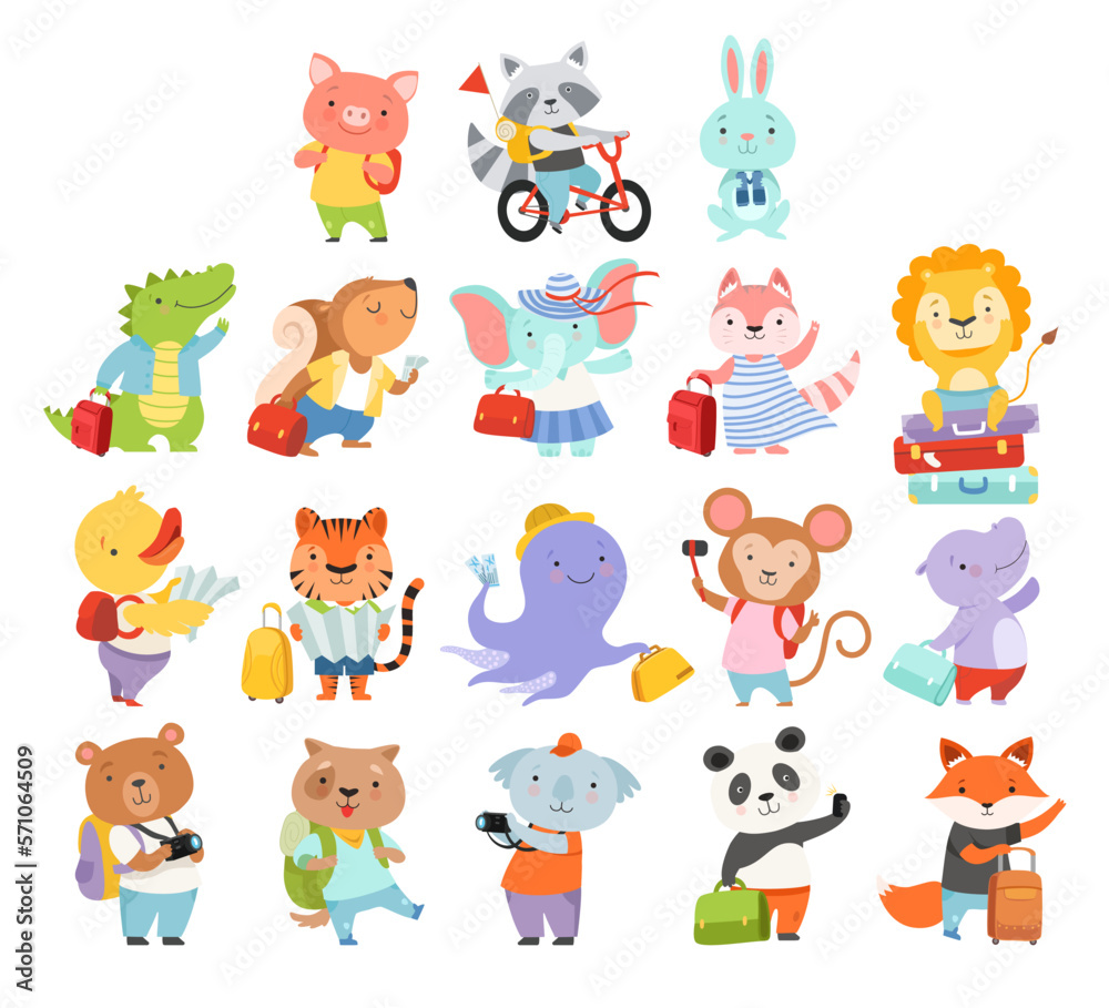 Cute Animals Tourist or Travellers with Trunk, Camera and Backpack Hiking Big Vector Set
