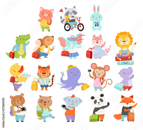 Cute Animals Tourist or Travellers with Trunk, Camera and Backpack Hiking Big Vector Set
