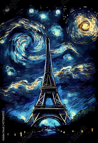 Starry Night - Eiffel Tower - Paris France - Generative AI