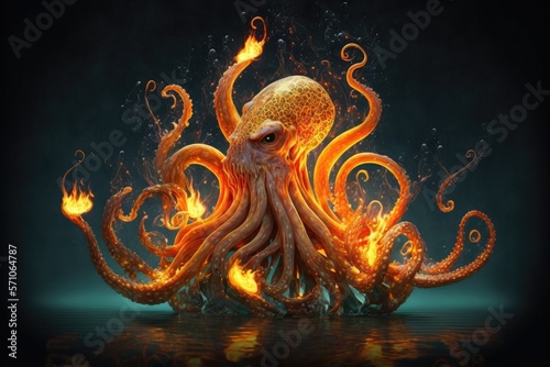 Abstract illustration of a burning octopus in flames. AI generative