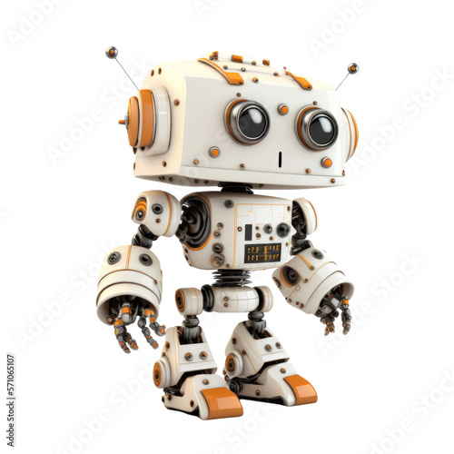 Cute Little White, Orange, and Black, Robot Assistant Isolated On Transparent Background