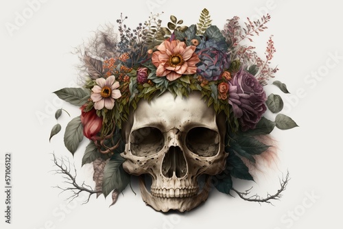 Portrait of skull with flower wreath on its head on a white background, concept of Still life and Symbolism, created with Generative AI technology