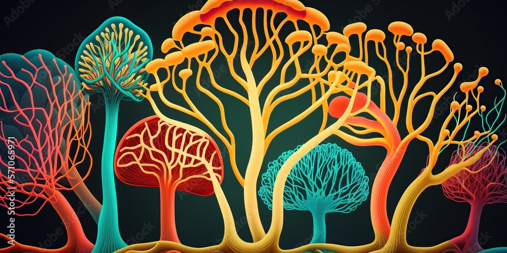 Vibrant abstract illustration of human nervous system made of mushrooms