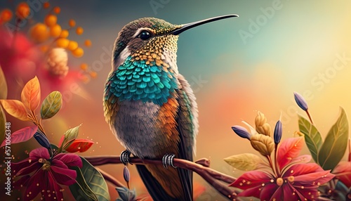 A close up of a beautiful hummingbird, surrounded by a field of vibrant flowers and a backdrop of a sunny sky generative ai