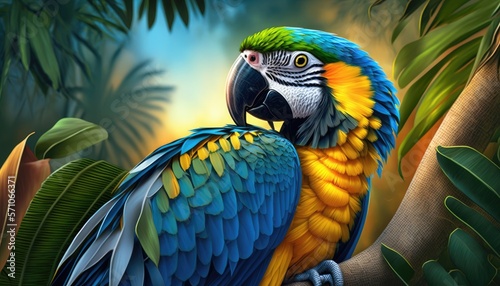 Fototapeta Naklejka Na Ścianę i Meble -  A close up of a beautiful parrot, surrounded by a lush jungle and a backdrop of a clear blue sky generative ai