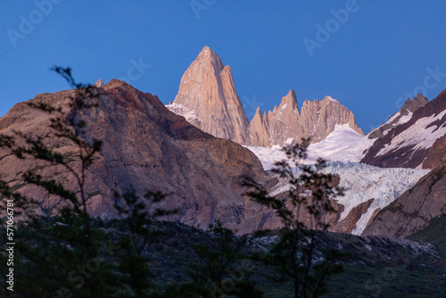 Beautiful Glaciar Piedras Blancas in the first morning light while hiking to Laguna de los Tres and Mount Fitz Roy in Patagonia, Argentina, South America 