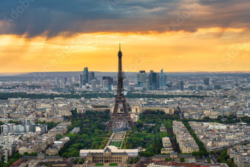 Aerial sunset view of Paris with Eiffel Tower. France