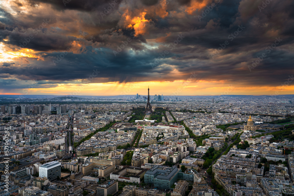 Aerial sunset ultra panorama of Paris with Eiffel Tower, France