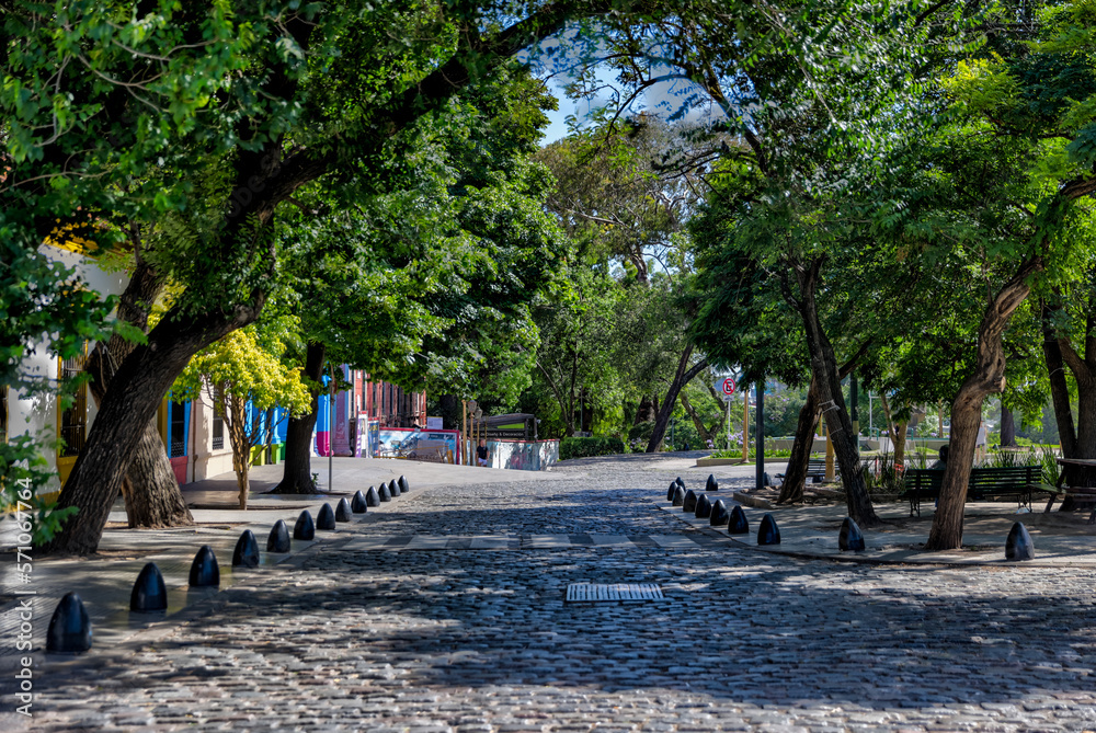 Buenos Aires, Argentina - December 21, 2022: The tree lined cobblestone streets outside of the cemetary in the Recoleta district of Buenos Aires Argentina.
