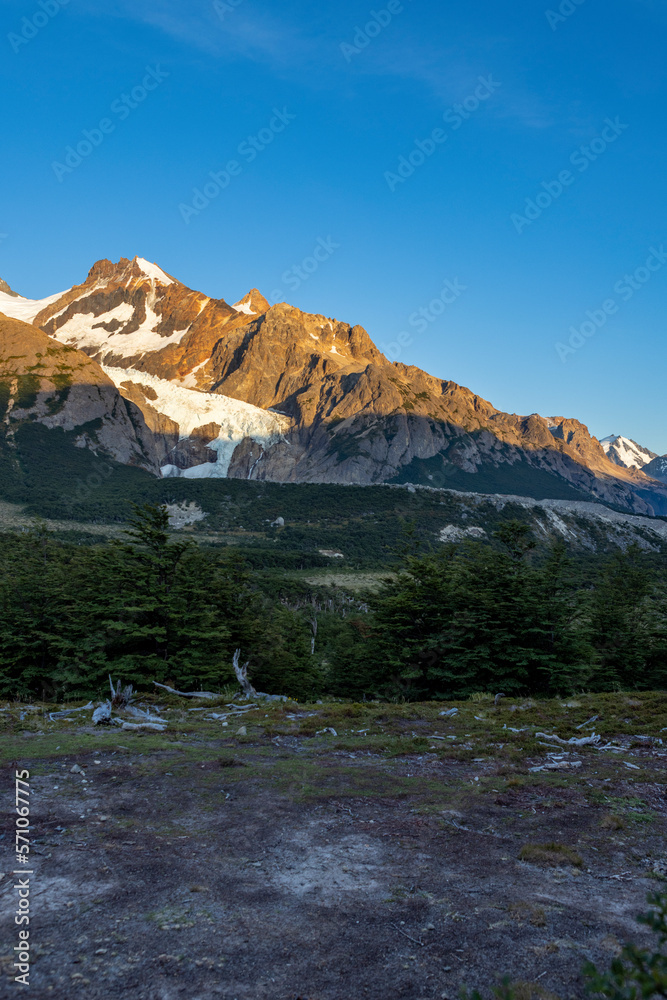 Picturesque mountain scenery in the first morning light while hiking to Laguna de los Tres and Mount Fitz Roy in Patagonia, Argentina, South America 