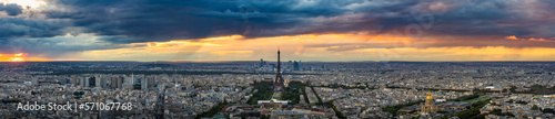 Aerial sunset ultra panorama of Paris with Eiffel Tower  France