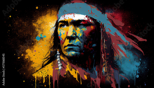 Native American Indian chief. Artwork, digital art portrait. Generative AI photo