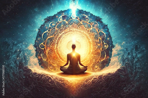 person sitting in lotus position and meditating on mantra of transcendental meditation, generative ai photo