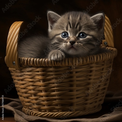 Cute kitten in a basket - AI generative