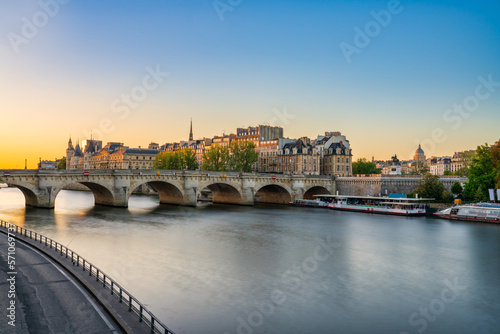 Pont Neuf bridge over the River Seine at sunrise in Paris.