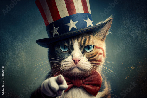 Cat in usa flag hat pointing you like uncle sam, concept of Patriotic and Humor, created with Generative AI technology photo