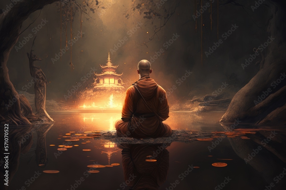 Zen, A Monk meditating in a temple.