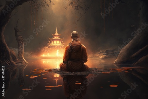 Tela Monk meditating in a temple. Generative AI.