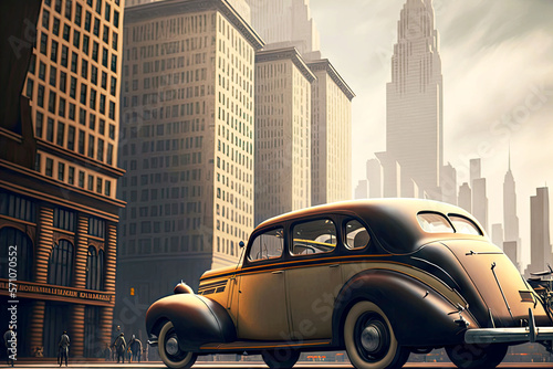 vintage car in modern city stands on platform against backdrop of skyscrapers, generative ai photo