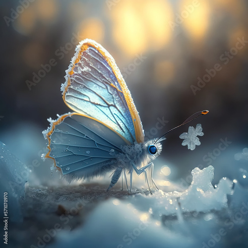 Beautiful blue butterfly sitting in melting snow.  © mdurson