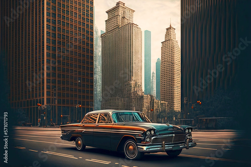 vintage car in modern city stands on empty road against background of modern tall buildings, generative ai photo